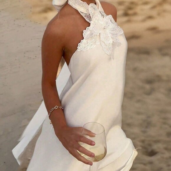 White Sexy Women's All Satin Halter Dress - Picture 1 of 6